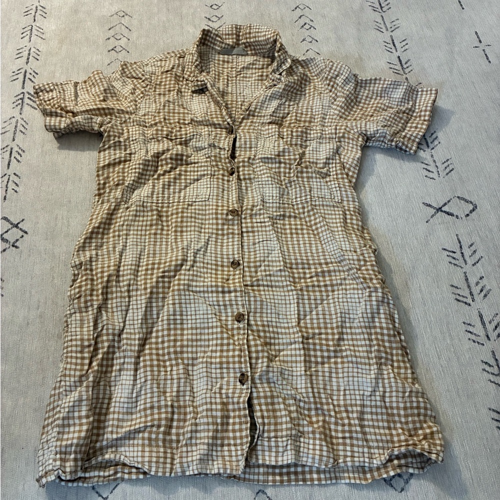 Everlane Tan and White Checkered Linen Shift Dress